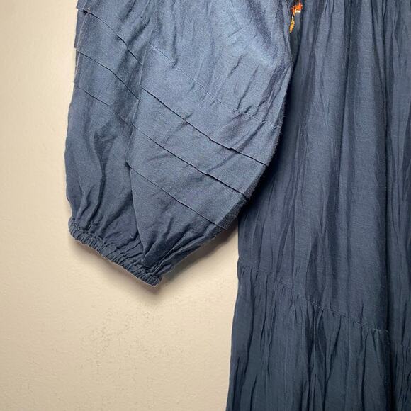 Johnny Was Jade Women's size Small Navy Blue Embroidered Puff Sleeve Midi Dress - Picture 5 of 11